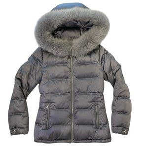 Prada Authentic Silver Gray Short Down Puffer Quilted Fox Fur Hood 40/XS $1500